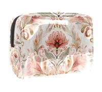 Soft Floral Elements in Sage Green Beige and Warm Browns Small Makeup Bag for Women, Portable Carry On Cosmetic Bag Zipper Pouch for Toiletries Travel Accessories
