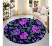 Soft Floral Morning Glory Vines Round Rug, Dark Blue Washable Non-Shedding Pastoral Exquisite Area Rugs 60 cm for Kitchen, Non-Slip Bedside Rug Floor Mat for Bedroom