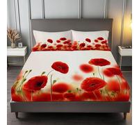Soft Floral Red Poppies Bed Sheet, King Fitted Bed Sheets, 150 x 200 x 30 cm Deep Pocket, Cream Fitted Sheet for Girls Boys, 100% Brushed Microfiber Bedding