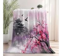Soft Fluffy Fleece Throw Japanese Minimalism Plum Blossoms Ancient Architecture Pink Purple Single Size 150 X 200 Cm Fluffy Warm Plush For Bed Sofa Couch Bedroom Living Room Men Women Children Teens