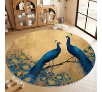 Soft Fluffy Light Yellow Circle Rug, Short Pile Flannel Bedroom Traditional Retro Peacock Carpet - 100 cm Indoor Non-Slip Rug for Kitchen Children's Room Decoration