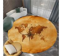 Soft Fluffy Tan Circle Rug, Short Pile Flannel Bedroom Retro Compass World Map Carpet - 120 cm Indoor Non-Slip Rug for Kitchen Children's Room Decoration