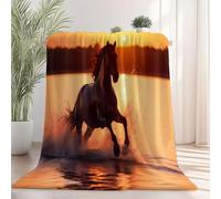 Soft Fluffy Throw Blanket 180 x 200 cm, Warm Flannel Fleece Blankets with Animals Black Horse Sunset Pattern for Boys Kids Men Lovers - Orange Color Print Comfort Plush Blanket for Bed Sofa Couch