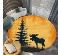Soft Fluffy Yellow Brown Circle Rug, Short Pile Flannel Bedroom Retro Animals Moose Carpet - 180 cm Indoor Non-Slip Rug for Kitchen Children's Room Decoration