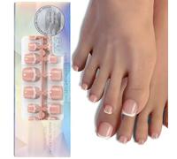 Soft French Press on Toenail Tips 3-in-1 Pre-applied Base Coat Primer Fake Toenails Break- Wearable for Nail Art DIY Hold Super Fit Long-lasting Nails