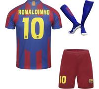 Soft Gardin Barcelona Kids Vintage 2005 Ronaldinho #10 Limited Edition Home Football Jersey Shorts Socks Gift Set Retro Youth Sizes (Blue, 30)