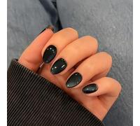Soft Gel Press on Nails Extra Short Oval, 30 Pcs Cat Eye Black False Nails Short Almond, Sparkly Glitter Black Fake Nails Set, Reusable Shiny Bling Stick on Nail for Women Small Sizes