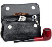 LUCKFY Health Secure Soft Genuine Leather Smoking Tobacco Pipe Pouch Portable Case Bag for 2 Pipes Tamper Filter Tool Cleaner Preserve Freshness,Black