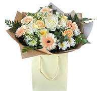 Soft Glow Celebration Blooms Gerbera, Carnation Rose Bouquet, floral Arrangement gift Bag for weddings, Birthdays, Thank you, sympathy