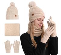 Soft Hat Tube Scarf Gloves Women's Sets Elastic Beanie Hat Winter Set with Bobble Plush Lined Women's Winter Hat Tube Scarf Gloves Set, Stylish Diamond Pattern, beige, One size