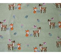 Soft Jersey Fabric - Cute Deer & Fox Sage Green Cotton Stretch Clothing Fabric
