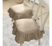 Soft Khaki French Cotton Seat Cushion - Non-Slip Chair Pad with Ties - Ruffled Skirt Design for Dining Office & Kitchen Chairs - Comfortable Cotton Fill (Set of 4)