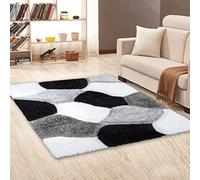 Soft Large Shaggy Rugs Modern 3D Design Carved Fluffy Rugs for Living Room Bedroom Small Floor Mats (Black White, 60 x 110 cm)