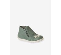 Soft leather baby slippers with zip sage green