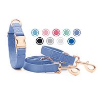 Soft Leather Dog Collar and Lead Set - Stylish Rose Gold Dog Lead and Collar Set with Heavy Duty Metal Buckle, 6.6' Multi-Function Double Ended Lead for Small Medium Large Dogs Blue Purple L