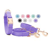 Soft Leather Dog Collar and Lead Set - Stylish Rose Gold Dog Lead and Collar Set with Heavy Duty Metal Buckle, 6.6' Multi-Function Double Ended Lead for Small Medium Large Dogs Purple S