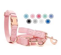 Soft Leather Dog Collar and Lead Set - Stylish Rose Gold Dog Lead and Collar Set with Heavy Duty Metal Buckle, 6.6' Multi-Function Double Ended Lead for Small Medium Large Dogs Pink L