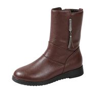 Soft Leather Mid Calf Boots for Women Round Toe Low Wedge Heel Zip Side Comfort Ankle Booties Tassel Autumn Winter Daily Commute Fashion Footwear Brown