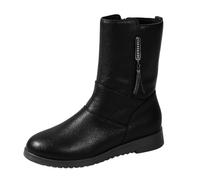 Soft Leather Mid Calf Boots for Women Round Toe Low Wedge Heel Zip Side Comfort Ankle Booties Tassel Autumn Winter Daily Commute Fashion Footwear Black