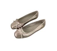 Soft-Leather Square-Toe Bow Shoes, Low-Cut Shoes, Versatile and Comfortable Women's Shoes with Soft Soles for The Commute,Silver,5.5 UK