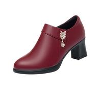 Soft Leather Zipper New Women's Shoes Thick Heel Deep Mouth Simple Women's Shoes Foreign Style Top Round Head Ankle Boots Leather Shoes Winter Shoes (Red, 5)