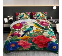 Soft Lightweight Duvet Cover Set Painted Florals & Birds Three Piece Bedding Sets Double 79x79 inch, Hypoallergenic Microfiber Colorful Duvet Cover Set For Kids Teen Adult
