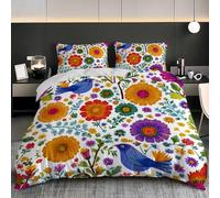 Soft Lightweight Duvet Cover Set Painted Florals, Plants And Birds Three Piece Bedding Sets Single 53x79 inch, Hypoallergenic Microfiber Colorful Duvet Cover Set For Kids Teen Adult