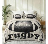 Soft Lightweight Microfiber American Sports Bedding Set, Khaki Rugby Curved Stripe Letter Ink Splatter Texture Printed Duvet Cover, 135 x 200 cm for All Seasons With 2 Pillowcases 50 x 75 cm