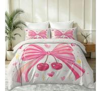 Soft Lightweight Microfiber Dreamy Romantic Bedding Set, Cream White Bow Cherry Heart Stars Printed Duvet Cover, 200 x 200 cm for All Seasons Non-Iron with 2 Pillowcases 50 x 75 cm