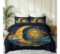 Soft Lightweight Microfiber Fantasy Pop Bedding Set, Dark Blue Tarot Starry Sky Universe Sun And Moon Together Printed Duvet Cover, 200 x 200 cm for All Seasons With 2 Pillowcases 50 x 75 cm