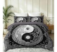 Soft Lightweight Microfiber Mystery Bedding Set, Black Yin Yang Symbol Tree Full Moon Sun Printed Duvet Cover, 200 x 200 cm for All Seasons Non-Iron With 2 Pillowcases 50 x 75 cm