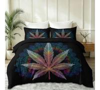 Soft Lightweight Microfiber Psychedelic Streetwear Bedding Set, Black Neon Plant Hemp Leaf Mandala Symmetrical Pattern Printed Duvet Cover, 200 x 200 cm for All Seasons with 2 Pillowcases 50 x 75 cm