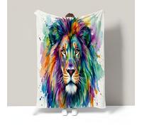 Soft Lion Splashing Ink Print Throw Blanket, Watercolor Wild Animals Lightweight All Season Flannel Blankets, Warm Plush Breathable Colorful Blanket for Sofa and Bed 130x150 cm