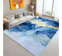 Soft Living Room Rug, Short Pile Area Rug for Bedroom Lounge Bedroom Hallway 140 x 200 cm- Machine Washable Kitchen Carpet with Non-slip Backing Abstract Watercolor Gold Lines Blue
