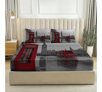 Soft Microfiber Fitted Sheet Double - Grey Modern Style London Street Scene Print Easy Care Fitted Bed Sheet with Deep Pocket, 135 x 190 cm Machine Washable Breathable Bedding Set