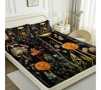 Soft Microfiber King Size Fitted Sheet - Retro Plants Wildflowers Meadow Print Deep Pocket Fitted Sheet Set, Black Shrink Fade Resistant Bedding Sets for Girls Teens Adults