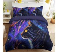 Soft Microfiber Mystic Fantasy Duvet Cover Set Bedding Sets with Pillowcases Cat Orange eyes Tree shadows Night forest Abstract Animal Quilt Cover Washable for Teens Adults Super King Size 115" x 93"