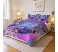Soft Microfiber Purple Blue Sci-Fi Duvet Cover Future Neon Racing Fade Resistant Premium 2 Pillowcases Included For Kids Children Teens Boys Girls Comforter Cover 230x220cm(90" x 89")