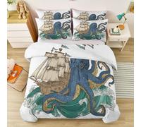 Soft Microfiber Quilt Cover 3 Piece Double, Dark Blue White Nautical Ancient Ship Octopus Bedding, Retro Minimalist Duvet Cover, Pillowcases Included with Zipper Closure