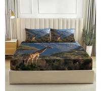 Soft Microfiber Small Double Size Fitted Sheet - Natural Landscape Mountains Animal Giraffe Print Deep Pocket Fitted Sheet Set, Brown Shrink Fade Resistant Bedding Sets for Girls Teens Adults