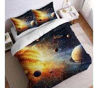 Soft Microfiber Super King Duvet Cover Set 260 x 220 cm gold Bedding with Planets and the Sun, Hidden Zipper Quilt Cover Breathable Wrinkle Resistant