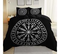 Soft Microfibre Bedding Set Double, Simple Viking Runes Design, Elegant Reversible Cover with 2 Pillowcases 50x75cm, Black