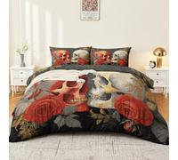 Soft Microfibre Duvet Cover Set 120 x 150 cm Fantasy Elegant Floral Skull Patterned Bedding Set in Red Gold Breathable Quilt Cover with 1 Pillowcases & Zipper Ties