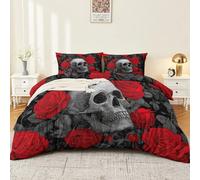 Soft Microfibre Duvet Cover Set 135 x 200 cm Fantasy Floral Skull Patterned Bedding Set in Red Grey Breathable Quilt Cover with 2 Pillowcases & Zipper Ties