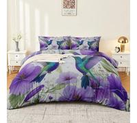 Soft Microfibre Duvet Cover Set 200 x 200 cm 3D Exquisite Floral Bird Patterned Bedding Set in Purple Green Breathable Quilt Cover with 2 Pillowcases & Zipper Ties