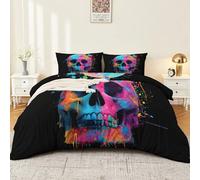 Soft Microfibre Duvet Cover Set 260 x 220 cm Graffiti Realistic Color Block Skull Patterned Bedding Set in Multicolor Breathable Quilt Cover with 2 Pillowcases & Zipper Ties