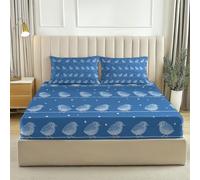Soft Microfibre Fitted Sheet Animals Birds Branches Navy Blue 3Pc Set Extra Deep 12 Inch / 30Cm Bed Sheets With 2 Pillowcases Soft & Breathable Easy Care King 59" X 79" (150 X 200 Cm)