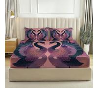 Soft Microfibre Fitted Sheet Animals Swans Lakes Pink 3Pc Set Extra Deep 12 Inch / 30Cm Bed Sheets With 2 Pillowcases Soft & Breathable Easy Care Fade Resistant King 59" X 79" (150 X 200 Cm)