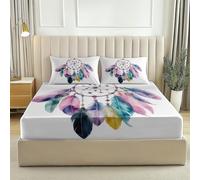 Soft Microfibre Fitted Sheet Bohemia Dreamcatcher Feather Pink 3Pc Set Extra Deep 12 Inch / 30Cm Bed Sheets With 2 Pillowcases Soft & Breathable Easy Care King 59" X 79" (150 X 200 Cm)