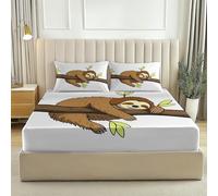 Soft Microfibre Fitted Sheet Cartoon Sloth Leaves Brown 3Pc Set Extra Deep 12 Inch / 30Cm Bed Sheets With 2 Pillowcases Soft & Breathable Easy Care Super King 71" X 79" (180 X 200 Cm)